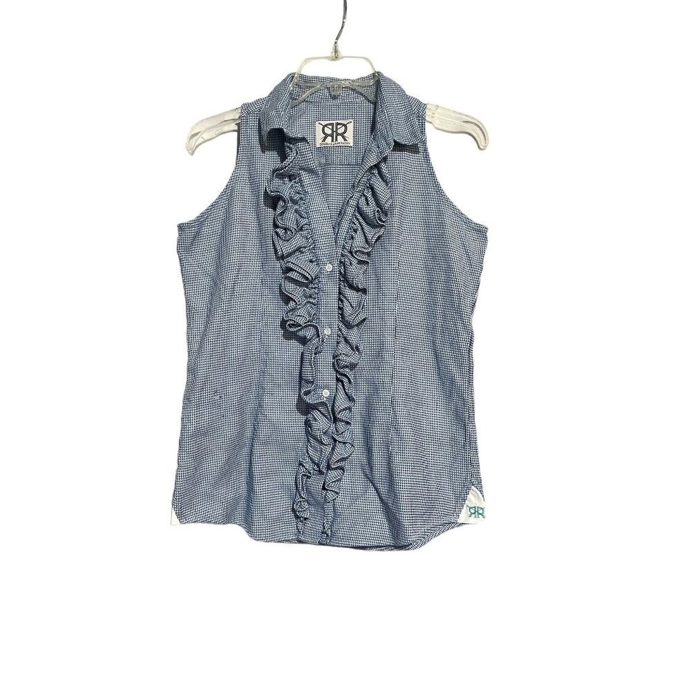 Double R By Ravi Ratan Women's Top Blouse Sleeveless Ruffle Neck Blue Size‎ M